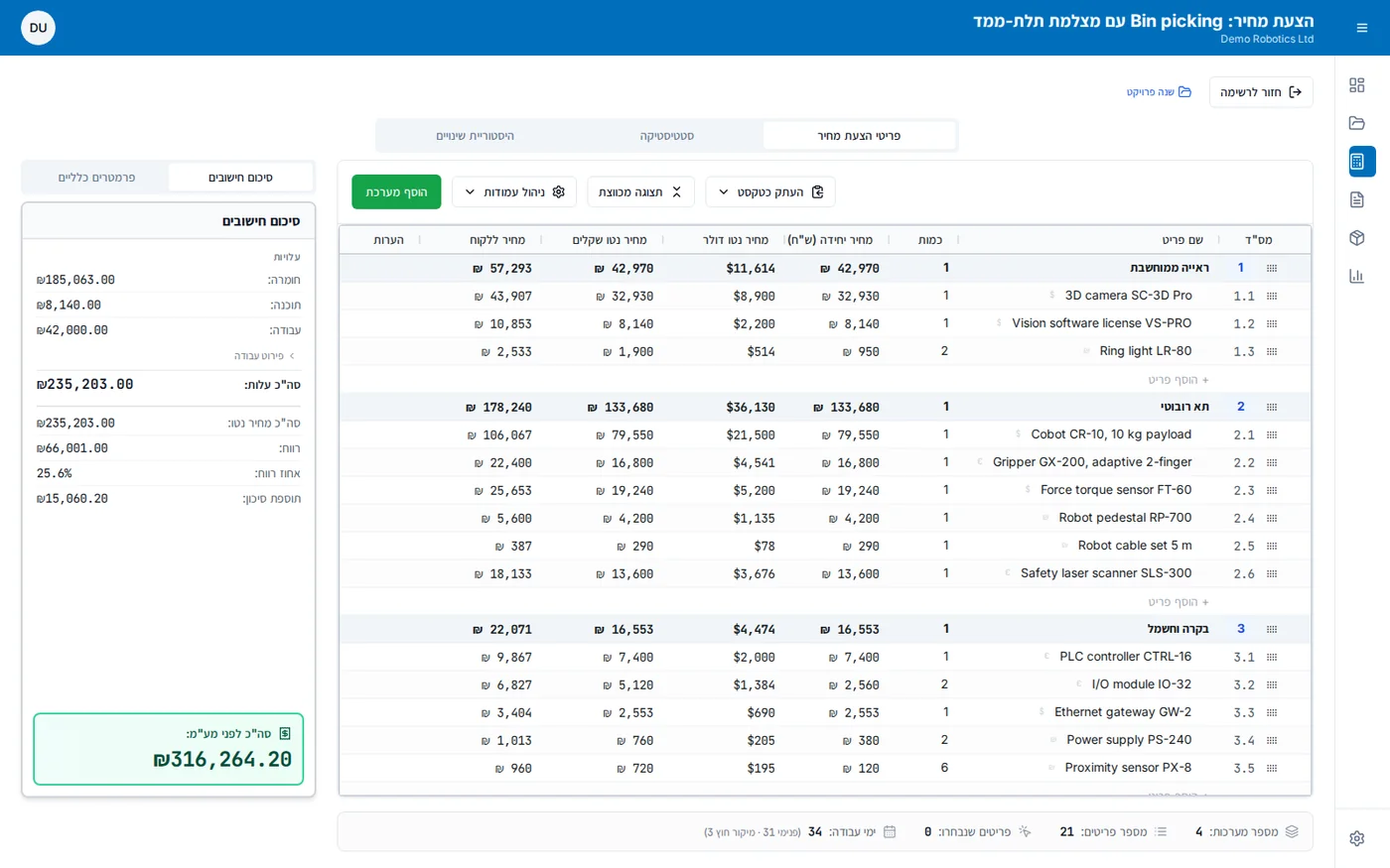 Totals are built from the lines. Each system rolls up its own parts and the summary splits hardware, software and labor. Sample data.